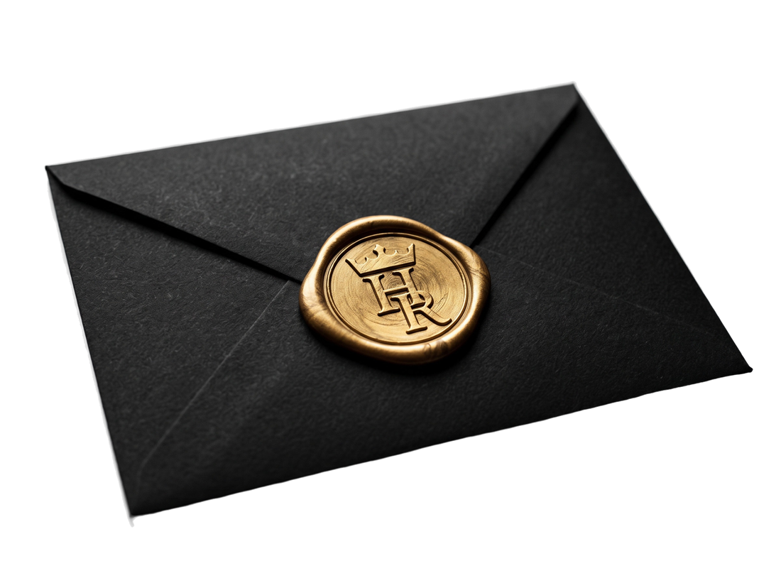 Convite da Jornada Real, envelope preto com lacre dourado HR